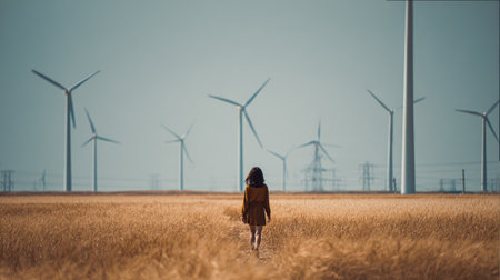 Young woman walking in wheat field with wind turbines in the background.の素材