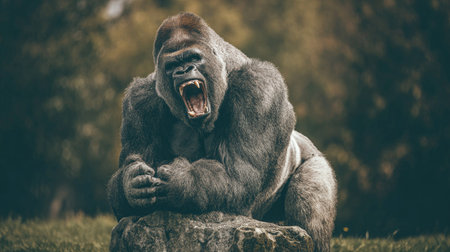 Gorilla with open mouth sitting on a rock in the forestの素材