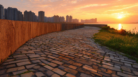 walkway in the park at sunset, shanghai chinaの素材