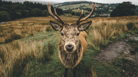 Deer in the meadow in Scotland, UK. Vintage styleの素材