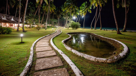 Stone walkway in the garden at night, Koh Samui, Thailandの素材