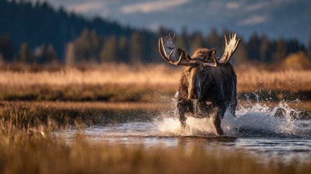 Moose (Alces alces) fighting in a bog in autumnの素材