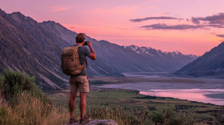 Hiker with a backpack standing on the edge of a cliff and looking at the mountains at sunsetの素材