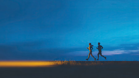 Couple running in the field at sunset. Concept of sport and healthy lifestyle.の素材