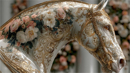 Close up of the head of a horse with a floral pattern.の素材