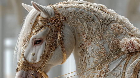 Close-up of a beautiful white horse with a golden pattern.の素材