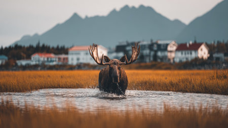 Bull elk with antlers splashing in a lake at sunsetの素材