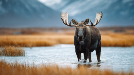 Moose in a lake with mountains in the background - Jasper National Park, Alberta, Canadaの素材