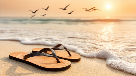 Flip-flops on the beach and seagullsの素材