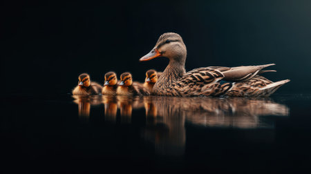 Duck family with ducklings on a black background in the studioの素材