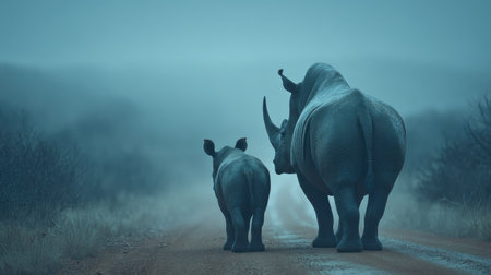 African rhinoceros family walking on the road in the mistの素材