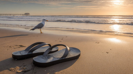 A seagull and flip flops on the beach at sunsetの素材