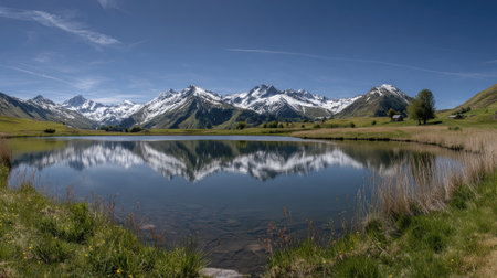 Natural landscape of New Zealand alps and lake with reflection in foregroundの素材