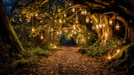 Beautiful night view of a path in the forest with lanternsの素材