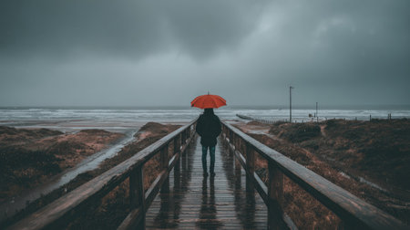Woman with red umbrella walking on wooden bridge over sea in rainy dayの素材