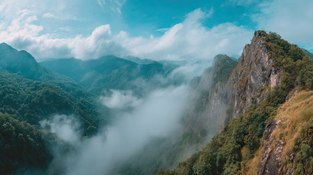Panoramic view of misty mountain landscape in Himalayas, Nepalの素材