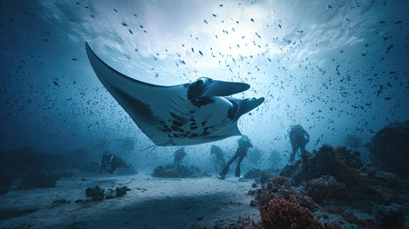 Manta ray on a tropical coral reef with divers in the backgroundの素材