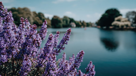 Lilac flowers on the background of the lake and trees.の素材