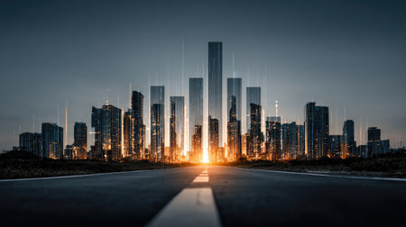 Asphalt road leading to modern skyscrapers in the evening.の素材