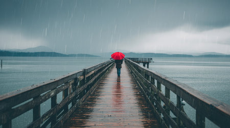 Woman with red umbrella walking on a wooden bridge in the rain.の素材