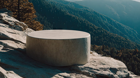 3d render of a round podium on a rock in the mountainsの素材