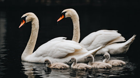 Swan family with cygnets on the lake. Black background.の素材