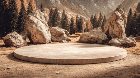 Empty round stone platform in mountain landscape. Mock up, 3D Renderingの素材