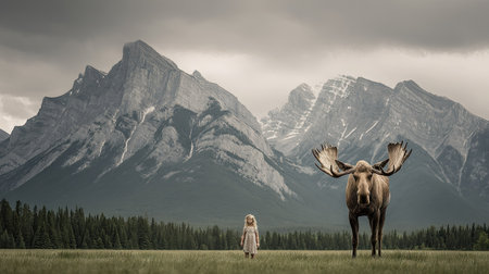 Young woman with reindeer on meadow and mountains in backgroundの素材
