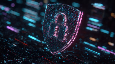 Cyber security concept. Shield with padlock on digital background. 3d illustrationの素材