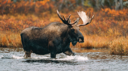 Moose in the river in autumn. Cervus elephasの素材