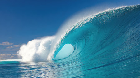 Blue ocean wave with white foam and blue sky. 3d renderの素材