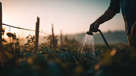 Farmer watering plants in his garden at sunset. Selective focus.の素材