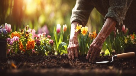 Elderly woman planting flowers in the garden. Selective focus. nature.の素材