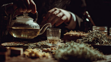 A man pours tea from a teapot into a glassの素材
