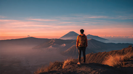 Female hiker on top of Mount Bromo at sunrise, Java, Indonesiaの素材
