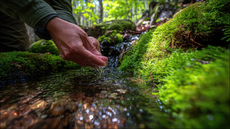 Hand of a man holding a stream of water in the forest.の素材