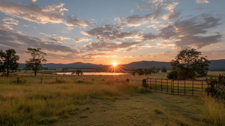 Sunset in the field with a fence and mountains in the backgroundの素材
