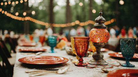 Beautiful table setting for a wedding or other celebration in the forestの素材