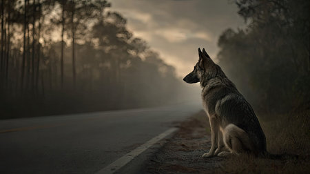 Black wolf sitting on the road in the forest. The concept of loneliness.の素材