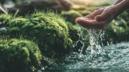 Woman hand holding fresh water on nature background with copy space for textの素材