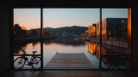 a photo of the vibrant sunset over a minimalist waterfront, with an empty wooden dock leading to large windows overlooking the downtown stewart constantin market and iconic skyline, and bicycles parked on it, capturing warm hues in golden tones, taken with a sony alpha a7 iii camera and zeiss lens. the scene is captured from a first-person perspective looking out towards the water through the window frames. it's a serene moment of urban tranquility, with reflections of city lights shimmering across the calm waters. --chaos 30 --ar 16:9 --v 7 Job ID: cb4ed8b2-b76e-430f-bdbc-1d6bc82f4297の素材