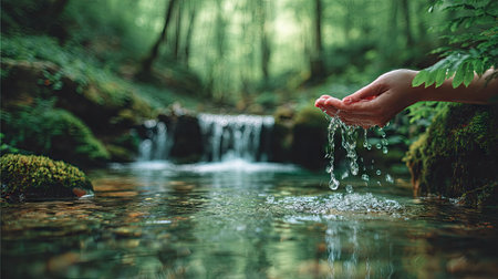 Woman's hand with fresh water in the forest. Soft focus.の素材