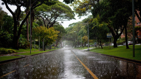 a photograph depicting heavy rainfall in a park, with trees lining both sides of an asphalt road. the ground and grass are wet, indicating a rainy day or rainy season --chaos 35 --ar 16:9 --v 7 Job ID: 67fd420e-cc5f-411f-bfe0-24090eebcd7fの素材