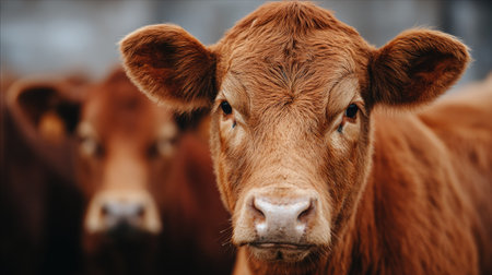 Close-up portrait of a brown calf in the paddock.の素材