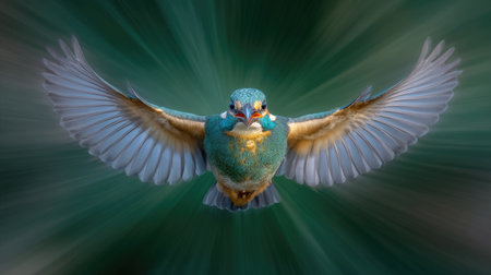 Flying bird in motion on a green background. Colorful photo.の素材