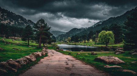 Landscape with lake and mountains in the background. Dramatic sky.の素材