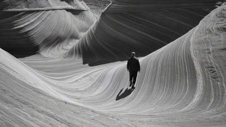Black and white image of a man walking through the sand dunesの素材