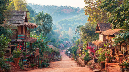 Village in the north of Thailand. The village is surrounded by jungle.の素材