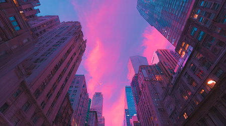 Manhattan skyscrapers at sunsetの素材