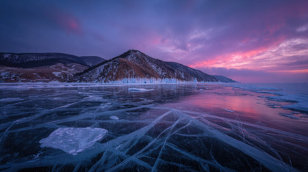Beautiful winter landscape with frozen Lake Baikal at sunset.の素材